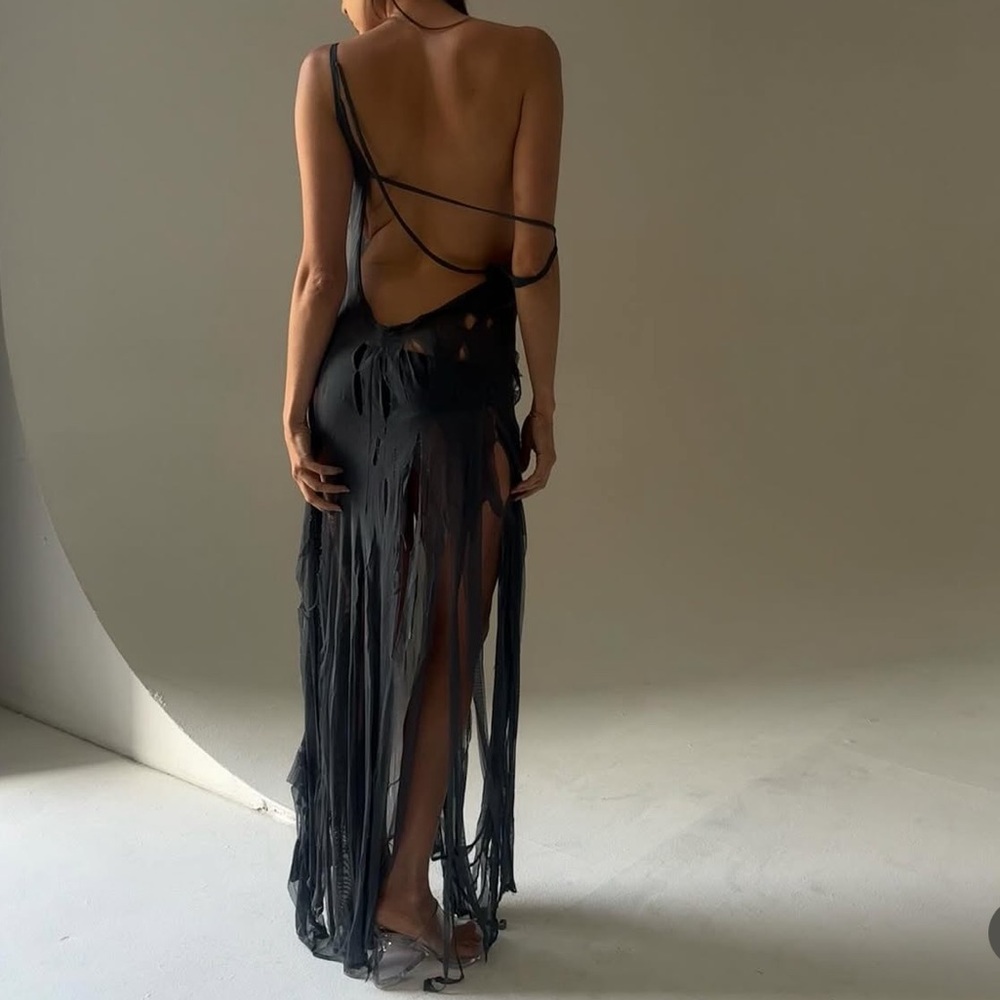 Teal backless silk dress